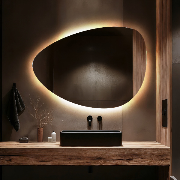 LED Spiegel in asymmetrischer Eiform 64x90 cm