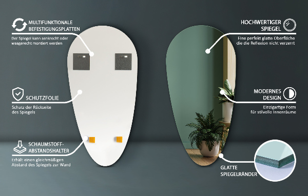 Tropfen spiege ohne rahmen 45x90 cm