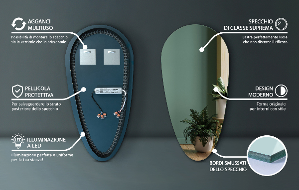 Spiegel beleuchtet tropfenförmig 45x90 cm