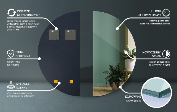 Wand halbrunder spiegel ohne rahmen 35x70 cm