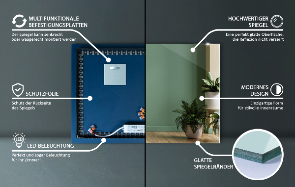 Wand spiegel rechteckig mit licht 100x70 cm