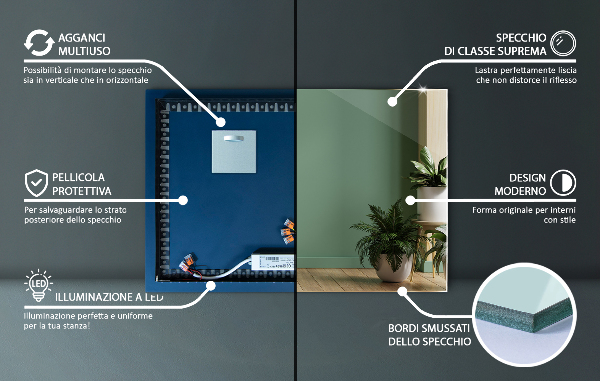 Wand spiegel rechteckig mit licht 100x70 cm