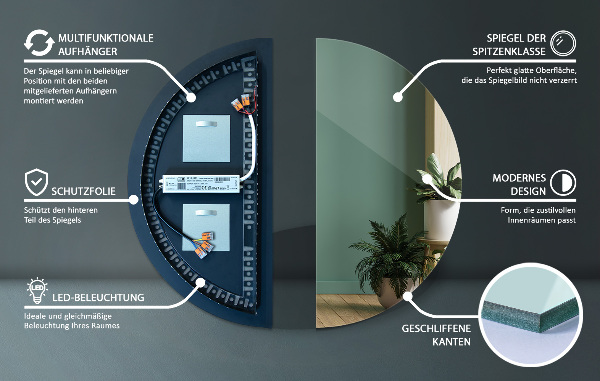 Halbrunder spiegel mit beleuchtung 25x50 cm