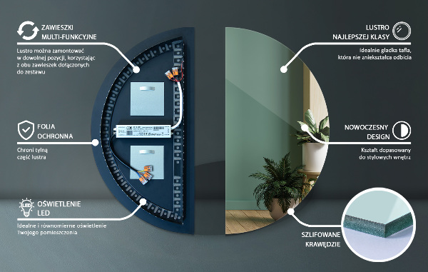 Halbrunder spiegel mit led 35x70 cm