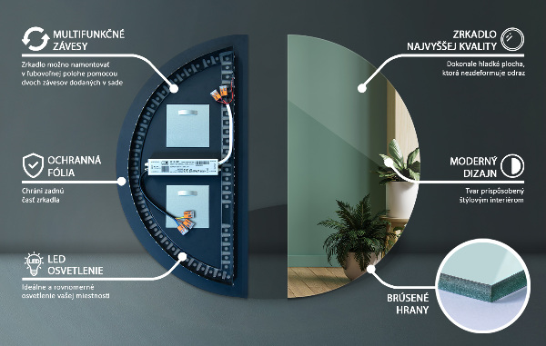 Halbrunder spiegel mit led 35x70 cm