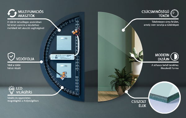 Beleuchteter halbrunder spiegel 50x100 cm