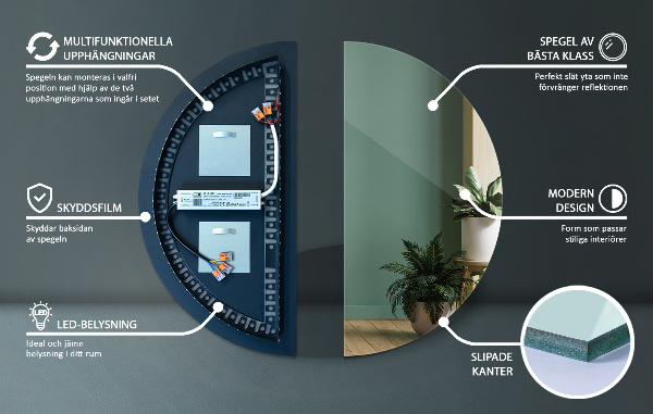 Beleuchteter halbrunder spiegel 50x100 cm