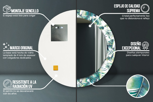 Runder spiegel mit dekorativem aufdruck Blätter