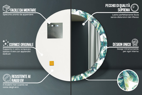 Runder spiegel mit dekorativem aufdruck Blätter