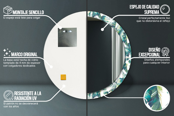 Runder spiegel mit dekorativem aufdruck Blätter