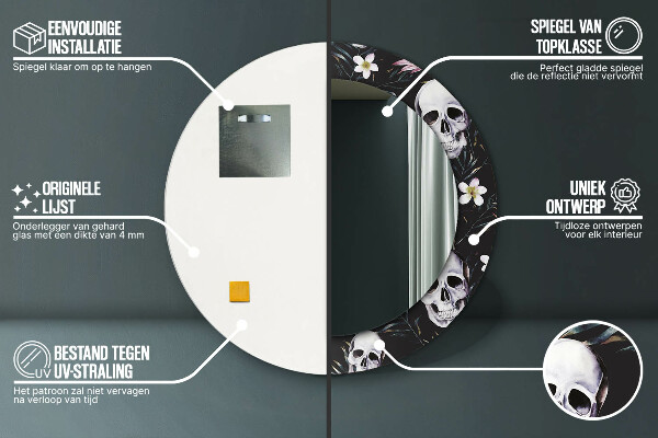 Runder spiegel aufdruck Schädelblumen