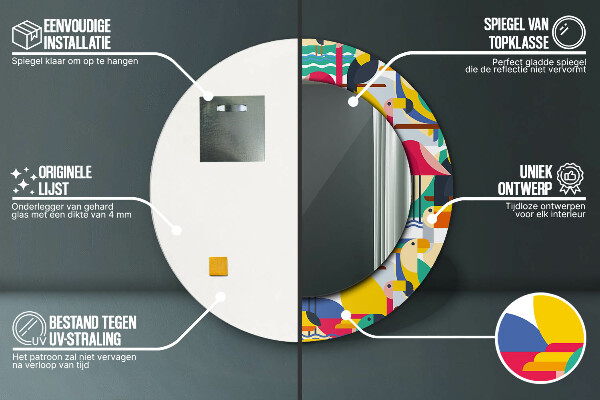 Runder spiegel mit dekorativem aufdruck Geometrische tropische Vögel