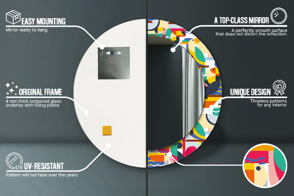 Runder spiegel mit dekorativem aufdruck Geometrische tropische Vögel