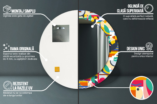 Runder spiegel mit dekorativem aufdruck Geometrische tropische Vögel