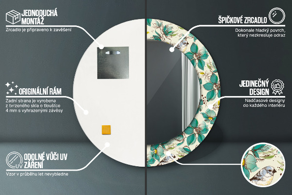 Runder spiegel bedrucktem rahmen Blumen und Vögel