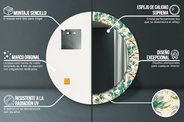 Runder spiegel bedrucktem rahmen Blumen und Vögel