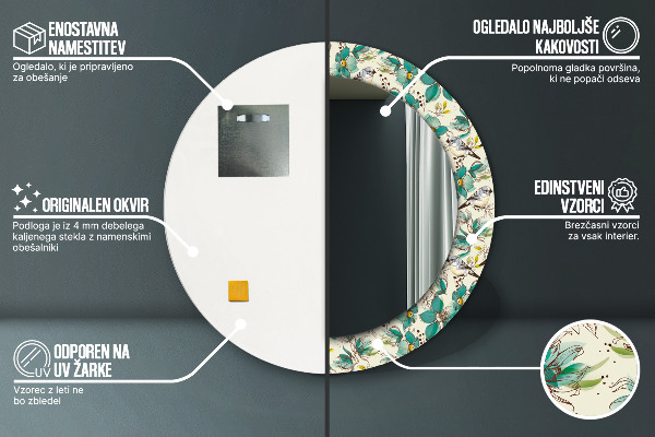 Runder spiegel bedrucktem rahmen Blumen und Vögel