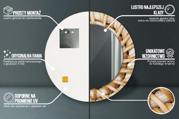 Runder spiegel bedrucktem rahmen Natürliches Geflecht