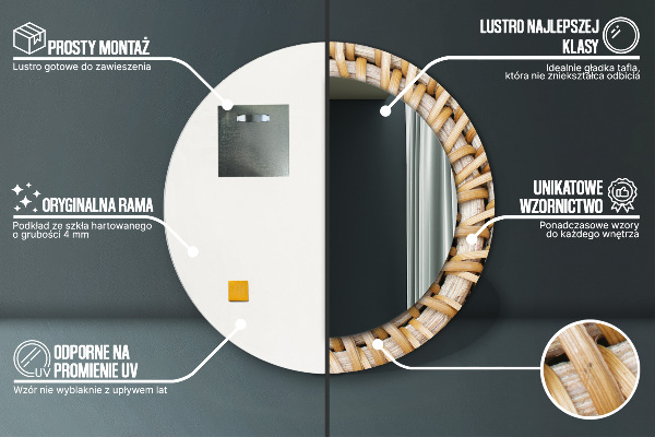 Runder spiegel bedrucktem rahmen Natürliches Geflecht