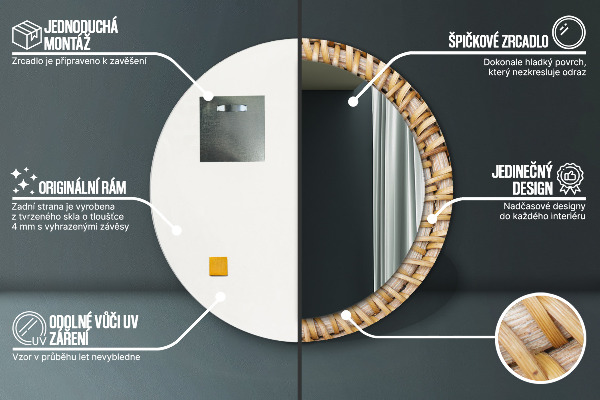 Runder spiegel bedrucktem rahmen Natürliches Geflecht