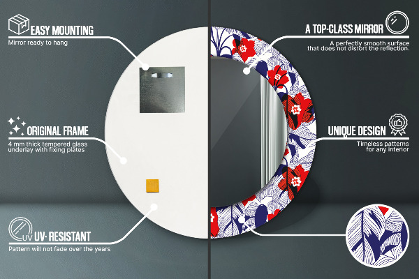 Runder spiegel mit dekorativem aufdruck Filodendron und rote Blüten