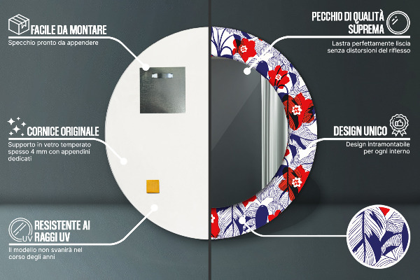 Runder spiegel mit dekorativem aufdruck Filodendron und rote Blüten