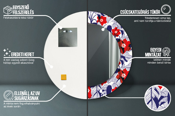 Runder spiegel mit dekorativem aufdruck Filodendron und rote Blüten