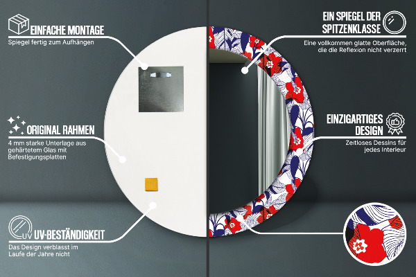 Runder spiegel mit dekorativem aufdruck Filodendron und rote Blüten