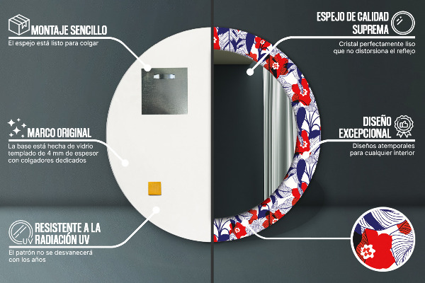 Runder spiegel mit dekorativem aufdruck Filodendron und rote Blüten