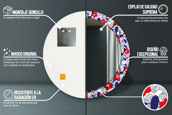 Runder spiegel mit dekorativem aufdruck Filodendron und rote Blüten