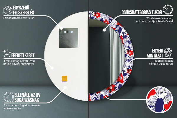 Runder spiegel mit dekorativem aufdruck Filodendron und rote Blüten