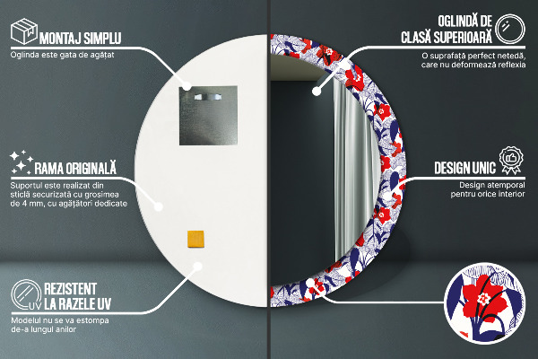 Runder spiegel mit dekorativem aufdruck Filodendron und rote Blüten