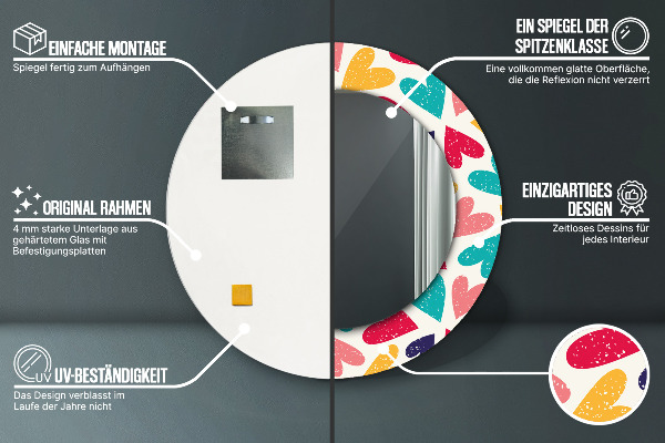 Runder spiegel mit dekorativem aufdruck Farbenfrohe Herzen