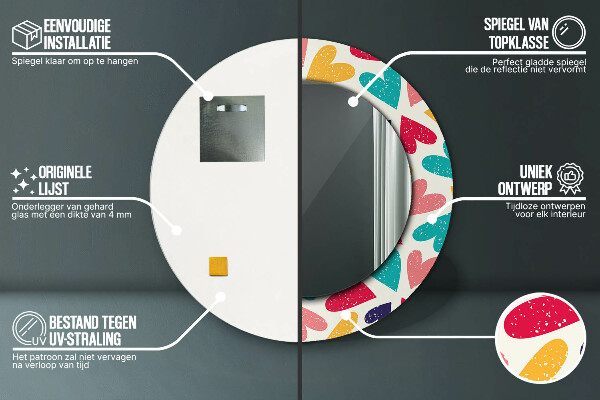 Runder spiegel mit dekorativem aufdruck Farbenfrohe Herzen