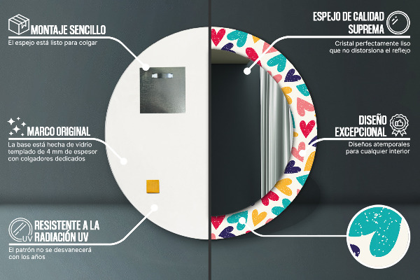 Runder spiegel mit dekorativem aufdruck Farbenfrohe Herzen