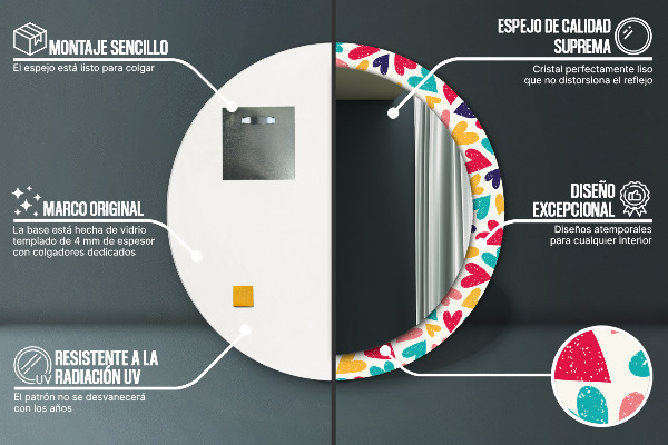 Runder spiegel mit dekorativem aufdruck Farbenfrohe Herzen