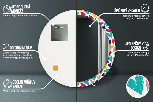 Runder spiegel mit dekorativem aufdruck Farbenfrohe Herzen