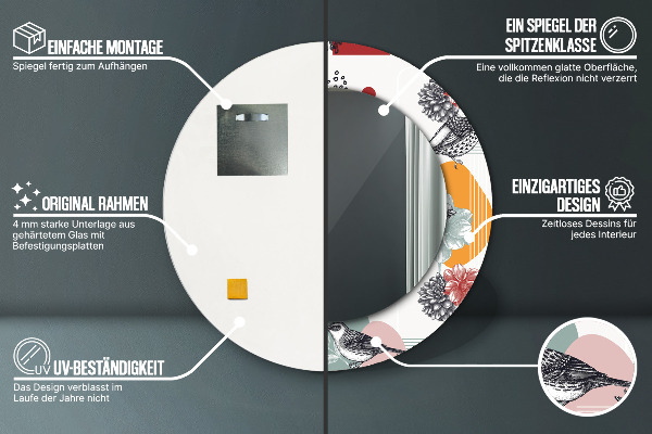 Runder spiegel bedrucktem rahmen Abstraktion mit Vögeln