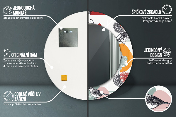 Runder spiegel bedrucktem rahmen Abstraktion mit Vögeln