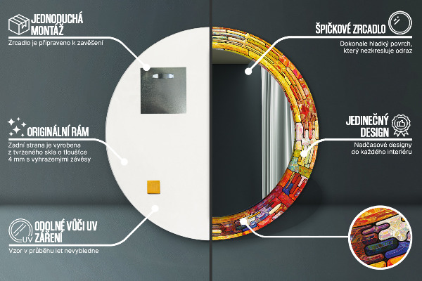 Runder spiegel mit dekorativem aufdruck Farbenfrohes Glasfenster
