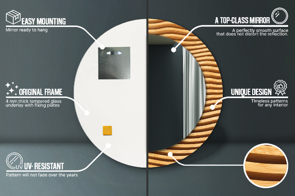 Runder spiegel mit dekorativem aufdruck Holzwelle