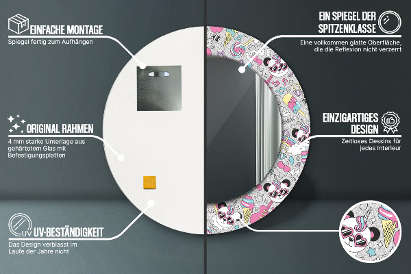 Runder spiegel mit dekorativem aufdruck Panda Unicorn