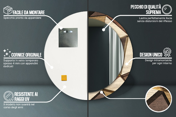 Runder spiegel mit dekorativem aufdruck Geometrisches 3D-Holz