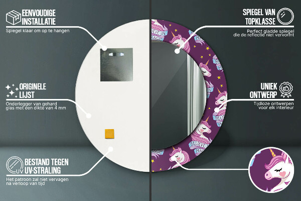 Runder spiegel bedrucktem rahmen Einhornsterne