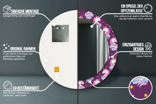 Runder spiegel bedrucktem rahmen Einhornsterne