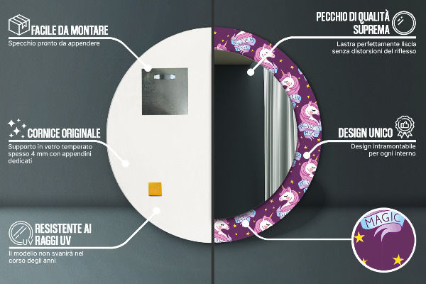 Runder spiegel bedrucktem rahmen Einhornsterne