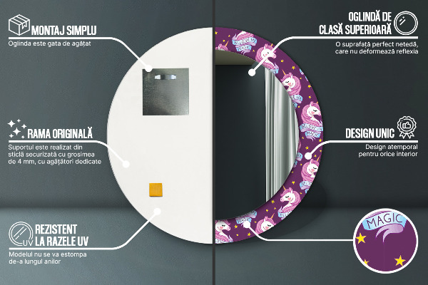 Runder spiegel bedrucktem rahmen Einhornsterne