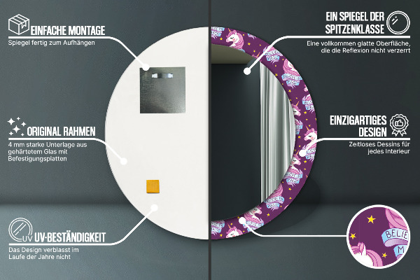 Runder spiegel bedrucktem rahmen Einhornsterne