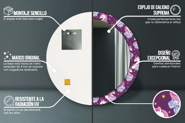 Runder spiegel bedrucktem rahmen Einhornsterne