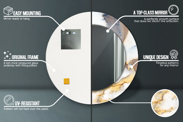 Runder spiegel mit dekorativem aufdruck weisser Marmor